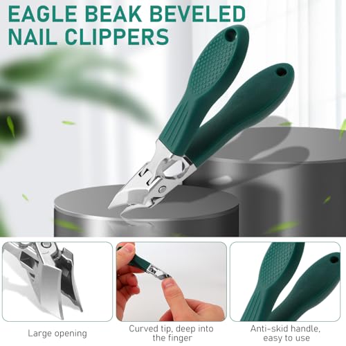 Eagle Beak Beveled Nail Clippers, 3-Piece Set of Upgrade Stainless Steel Wide Jaw Opening Anti-Splash Nail Clipper, Long Handle Angled Head Toenail Clipper for Ingrown & Thick Toenails for Men Women