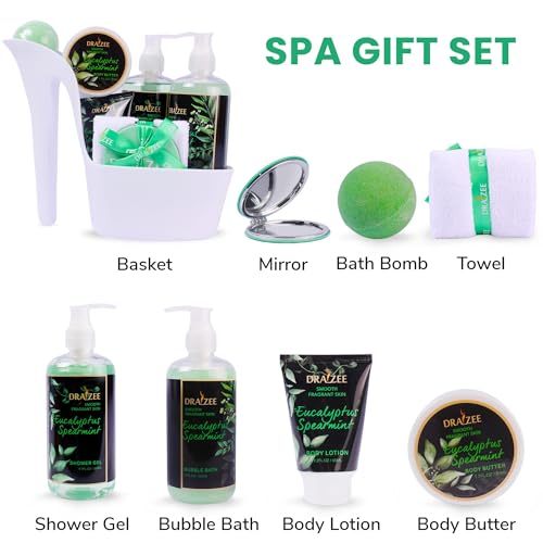 Draizee Luxury Spa Gifts for Women ? 8 Pc Eucalyptus Spearmint Bath & Body Set with Bubble Bath, Lotion, Body Butter & More ? Self Care Gift Basket for Wife, Mom, Girlfriend