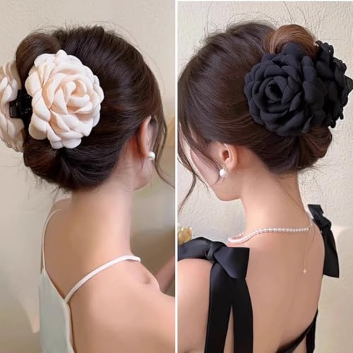 4pcs Handmade Fabric Rose Flower Hair Claw Clip for Women Girls, 3.94" Large Boho Hawaiian Floral Hairpins Barrettes for Thick Thin Hair Styling Accessories(Red Pink)