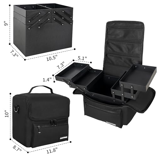 Makeup Travel Train Case, Black Makeup Carrying Organizer Bag, 4 Tier Professional Organizer Case with Straps Pockets for MakeUp Tools
