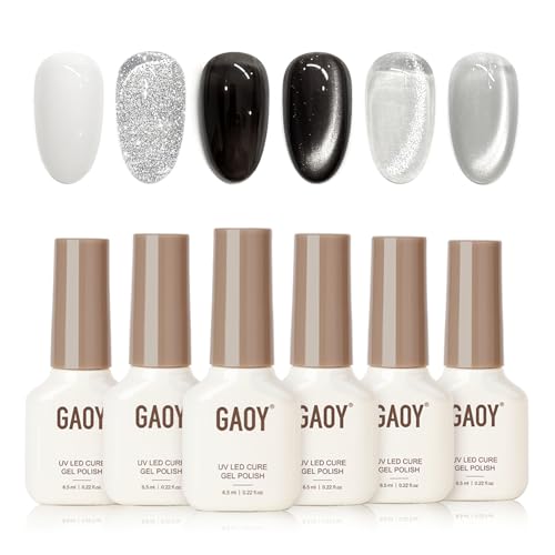 GAOY Black and White Gel Polish Set, Sliver Cat Eye, Opal White, Jelly Black Glitter Reflective Gel, Magnetic Holographic DIY Nail Art