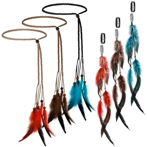 Geyoga 6 Pcs Feather Headband Feather Hair Clip Set Boho Hair Extensions with Clip Comb Hippie Headpiece (Multicolor)