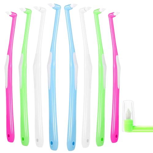 8 Pieces End Tuft Toothbrush with Cover, Soft Interdental Brushes Tapered Brush Braces Toothbrush for Orthodontic Braces Detail Cleaning(Blue/Green/Rose Red/White)