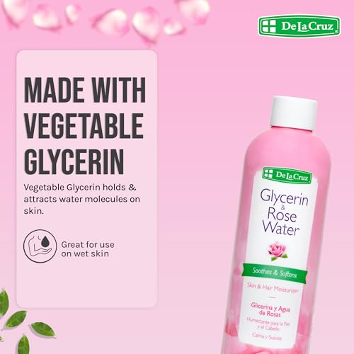 De La Cruz Rose Water and Glycerin for Face - Rosewater Facial Toner and Moisturizer for Skin and Hair 8 fl oz (236 mL) - 2 Bottles