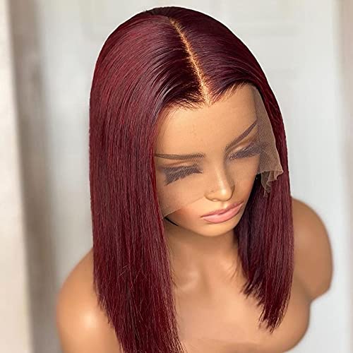 QUINLUX HD Transparent Lace Short Bob Human Hair Wigs Pre Plucked 13X6 Lace Front Wig 150% Density Brazilian Remy Bob Cut Human Hair wig for Woman #99j Color 12 inch