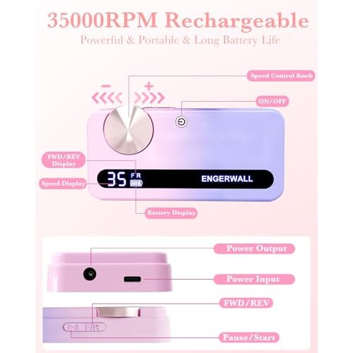 ENGERWALL Rechargeable Nail Drill 35,000 RPM, Portable Cordless Electric Nail File for Acrylic, Gel Nails, Polishing & Removal, with Nail Drill Bits Kit for Manicure & Pedicure, Pink-Blue