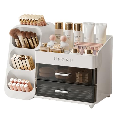 Makeup Organizer for Vanity with Brush Holder, Countertop Skincare Organizer with 2 Drawers, Spacious Cosmetic Display Case for Perfumes, Eyeshadow Palettes, Nail Polishes
