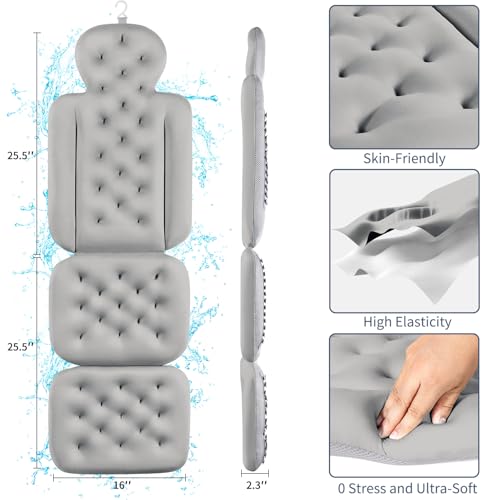 Bath Cushion, Full Body Bathtub Pillow with 160 Suction Cups, Bath Mat for Head and Neck Support, with Laundry Bag (Dark Gray, 51.2" x 16.2")