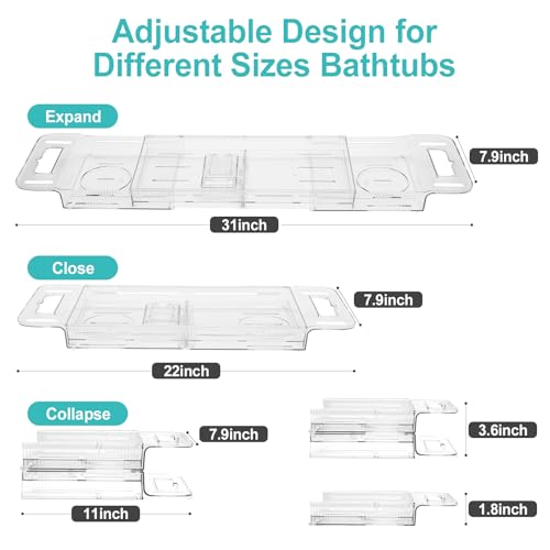 Expandable Bathtub Tray Caddy, Clear Bath Tray for Tub for Bath Relaxing, Foldable Bath Table Trays, Bathtub & Bathroom Accessories for Women Gift, Anniversary or Wedding Gifts, New Home