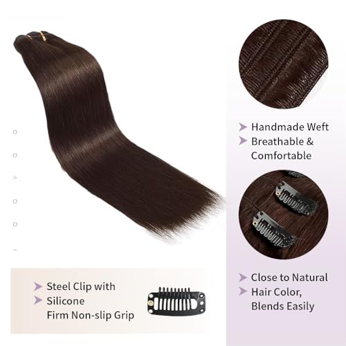 Remy Hair Extensions clip ins Hair Etensions for Women ailiceehr Dark Brown Double Weft Natural Hair Extensions Straight 8Pcs Soft and Thick 14inch 75g.