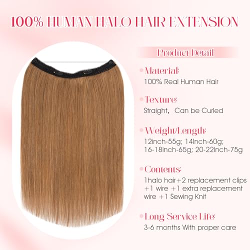 Rich Choices Real Human Halo Hair Extensions for Women Invisible Wire Hair Extensions 100% Human Remy Halo Hair 12 Inch #6 Light Brown