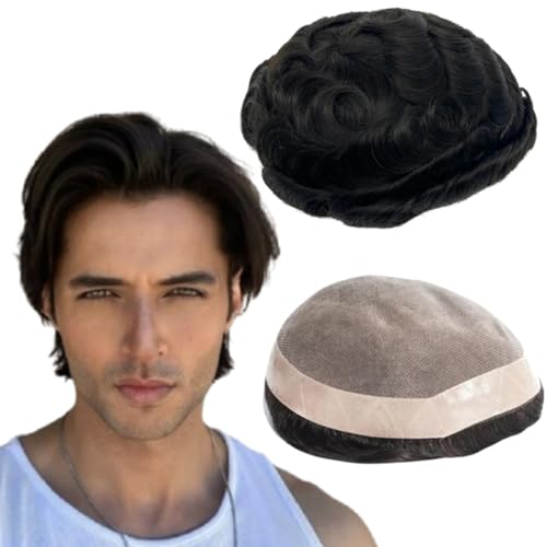 Toupee for Men Human Hair Mens Toupee Mono Base with NPU Around Hair Units Curly Wave Mens Wigs Toupee Hair Real Human Replacement System for Man Freestyle Natural Wig #1B Off Black (6x9")