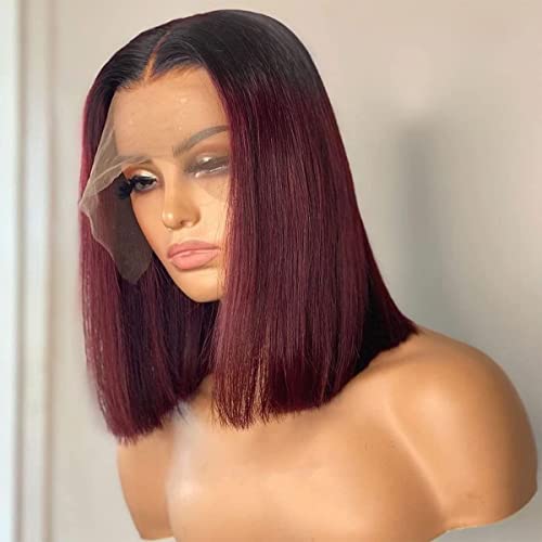 Blunt Cut Human Hair Straight #1B/99J burgundy 13X6 HD Transparent Lace Front Wig with Baby Hair 100% Virgin Glueless Brazilian Remy 150% Density for Black Women 12 Inch