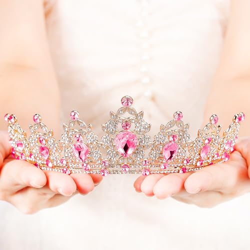 Tiara for Women, Crown and Tiara for Girl Princess, Bride Wedding Happy Birthday Halloween Cosplay Hair Accessories Decorations (Gold Pink)