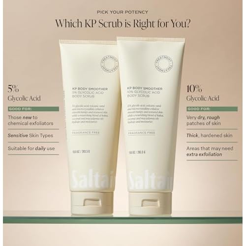Saltair KP Body Scrub. 10% Glycolic Acid Treatment with Volcanic Sand and Plant Moisturizers. Fragrance-Free Physical Chemical Exfoliator. Exfoliating Body Scrubber for Rough Bumpy Skin, 10oz.