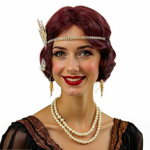 STfantasy 20S Finger Wave Wig Flapper Curly Synthetic Hair for Women 1920s Cosplay Costume Halloween Party Daily Everyday Wear (Black+Red)