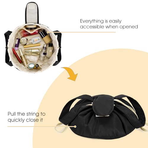 Narwey Barrel Drawstring Makeup Bag Large Cosmetic Bag Make up Bags Women and Girls Toiletry Organizer for Travel Toiletries Accessories Essentials (Black) (Patent)