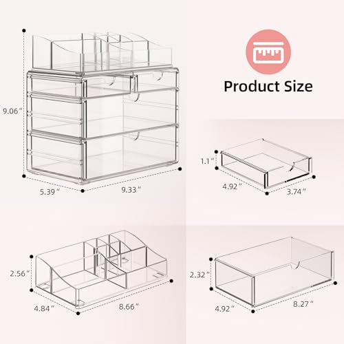 Delamu 4-Tier Clear Makeup Organizer with Drawer, Stackable Acrylic Cosmetic Storage for Bathroom Vanity, Dresser Countertop, Make Up and Jewelry Storage, Beauty Holder for Lipstick Brush Skincare