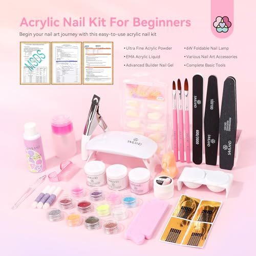 Saviland Acrylic Nail Kit for Beginners Practice: Keratin Acrylic Powder Monomer Liquid Brush Clippers Nail Lamp Complete Tools Everything 100 Nail Tips Home Starters