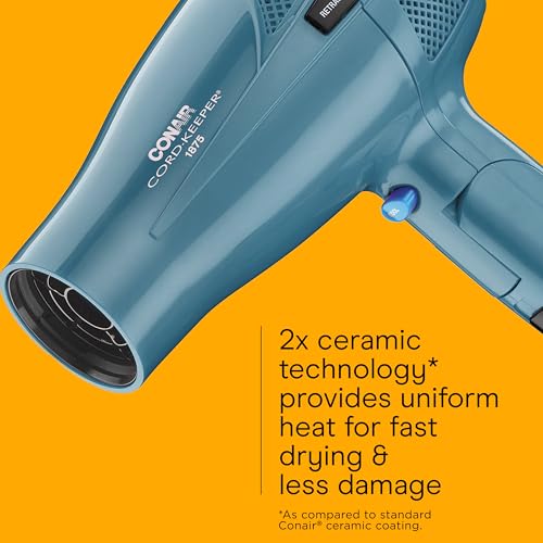 Conair Cord-Keeper Dryer with Folding Handle and Retractable Cord, 1875W Travel Hair Dryer, Ionic Technology, Teal