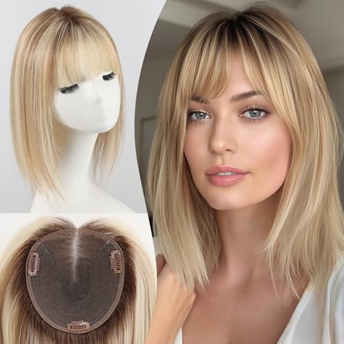 HAIRCUBE Human Hair Toppers For Women 6"*5" Large Base Real Human Hair With Thinning, 14 Inch For Hand-Woven, 60g, Use Daily, Hairloss, Ombre Light Ash Blonde, With Bangs