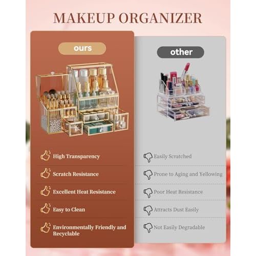 Clear Makeup Organizer with Gold Frame ? Countertop Vanity Organizer for Skincare, Lipsticks, Perfume & Brushes ? Bathroom Cosmetic Storage Display Box
