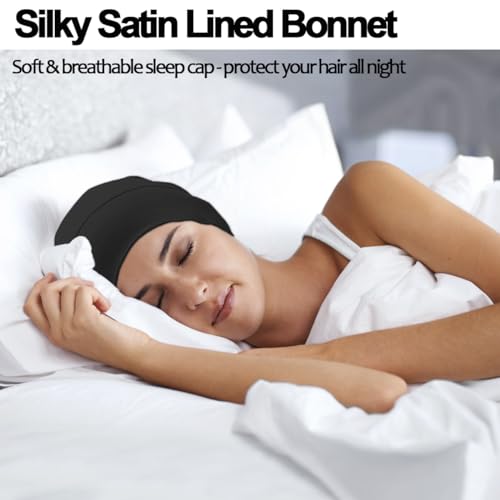 Satin Bonnet for Sleeping Night Cap, Satin Lined Silk Bonnet Large Sleep Cap for Curly Braids Hair Beanie Black Women
