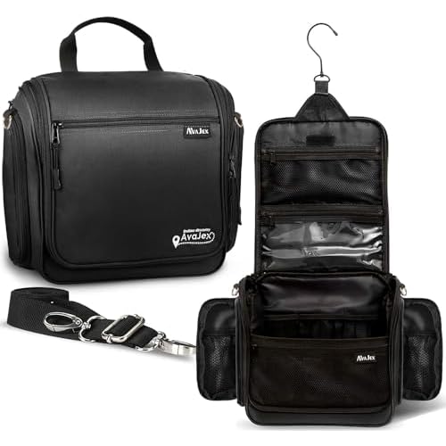 Extra Large (11.8¡±x11.8¡±x4¡±) Hanging Travel Toiletry Bag for Men and Women - Cosmetic Travel Bag With Shoulder Strap - Waterproof Hygiene Bag with Metal Swivel Hook and 19 Compartments for Toiletries