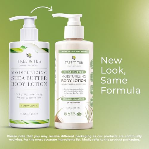 Tree to Tub Cocoa Butter Lotion for Sensitive Skin - Moisturizing Shea Butter Lotion for Extremely Dry Skin for Women & Men - Lemongrass & Coconut Body Cream w/Organic Aloe Vera, Colloidal Oatmeal