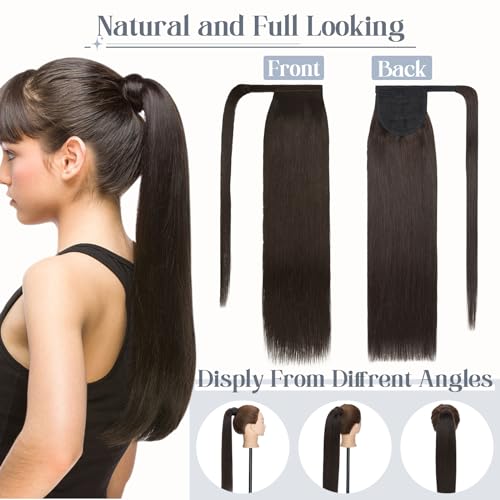 Rich Choices Ponytail Extension 100% Real Human Hair Wrap Around Remy Ponytail Extension for Women One Piece Clip In Long Pony tail Extensions Straight 18 Inch #2 Dark Brown