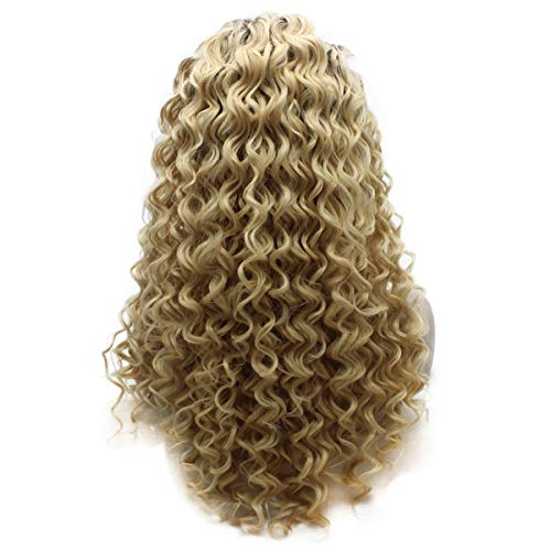 MX angel Long Dark Roots Blonde Curly Lace Front Synthetic Wig Heat Resistant Fiber Hair Natural Wig