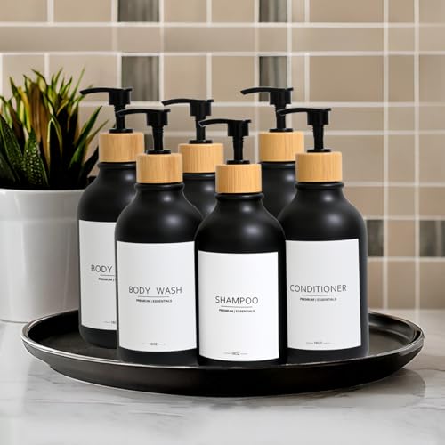 Shampoo and Conditioner Frosted Bottles Bamboo Pump, Refillable Shampoo Empty Bottles for Lotion Oil Shower Soap Dispenser (6p-Black)