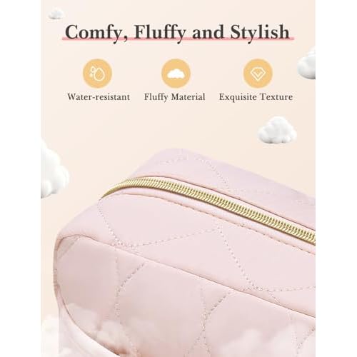 Noozion Makeup Bag, Travel Cosmetic Bag, Puffy Padded Toiletry Bag for Women, Makeup Organizer Case, Wide-open Pouch Purse, Travel Essentials