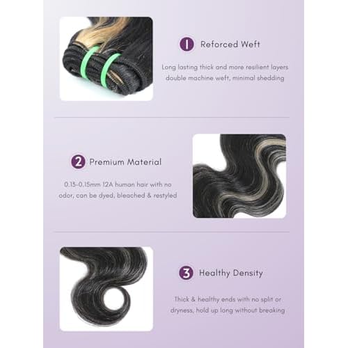 Black With Platinum Blond Highlight Bundles and 2x6 HD Lace Closure Body Wave Human Hair, 12A Balayage Ombre Skunk Stripe 3 Bundle With Long Deep Part Natural Black 2x6 Kim K Closure 12 14 16+10