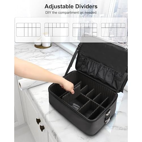 Relavel Makeup Bag Large Makeup Case Professional Cosmetic Storage Organizer Box Brush Holder with 3 Clear Set Bags for Makeup Artists with Shoulder Strap & Adjustable Dividers