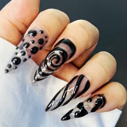 Black Press on Nails Long Stiletto Fake Nails Almond Shape False Nails with 3D Irregular Transparent Design Y2K Acrylic Nails Halloween Glue on Nails Black Swirl Natural Stick on Nails Nails for Women