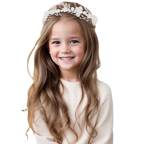 2 Pcs Flower Girl Headpiece - Hair Accessories for Wedding Flower Girl Headband Flower Crown Floral Girls Tiara Rhinestone Pearl Headband Baby Toddler First Communion Prom (Blue, 13 inches)