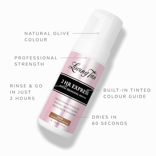 Loving Tan 2 HR Express Self Tanning Mousse, Dark - Streak Free, Natural, Professional Quality - 5+ Sunless Self Tanner Applications per Bottle, Cruelty Free, Naturally Derived DHA - 4 FL Oz
