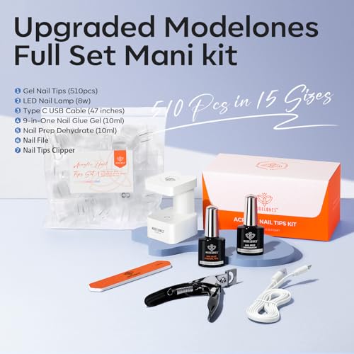 modelones Gel Nail Kit Short Coffin, Upgrade 510Pcs Fake Nails 15Sizes, 9-in-One Glue Prep Dehydrator & Mini U V Light Clipper, Pre-shaped Half Matte Press on Short Coffin Tips for DIY Salon