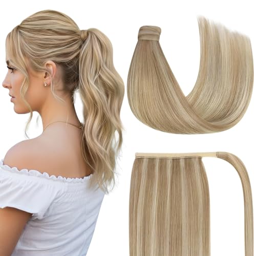 Ve Sunny Ponytail Extension Real Human Hair for Women Clip in Ponytail Hair Extension Straight Hair Pieces Wrap Around Dark Ash Blonde Highlights Golden Blonde 22inch 80G