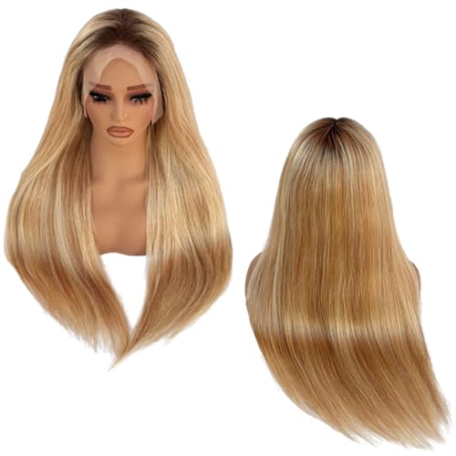 13x6 Medium brown/Golden Brown to Bleach Blonde Highlights Straight Lace front Wigs Human Hair 28in for Black Women HD Lace Glueless Pre Plucked 180% Density Brazilian Virgin Human Hair 28in
