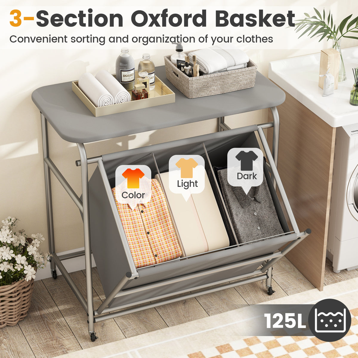 3-Section Laundry Sorter with Foldable Ironing Board, Gray
