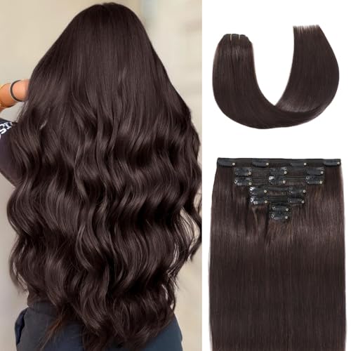 Clip In Hair Extensions Real Human Hair 16Inch 90g 100% Remy Human Hair Extensions Clip Ins Invisible Seamless Straight Human Hair Clip In Extensions 7pcs Double Weft 2#(Black Brown)