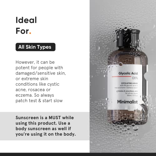 Minimalist 8% Glycolic Acid Exfoliating Toner for Glowing Skin | Multi-Functional Exfoliating Toner with Bamboo Water for Body, Face, Underarms & Scalp | for Women & Men | 5 Fl Oz / 150 ml