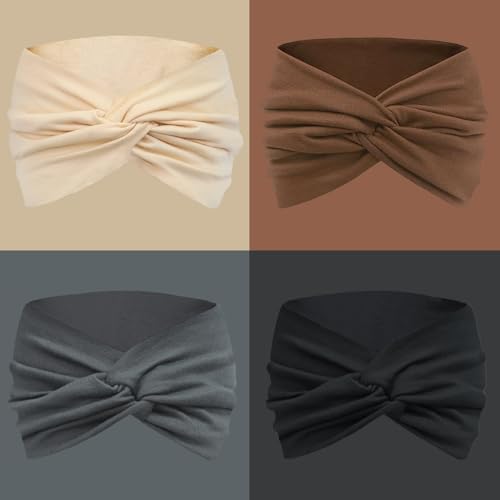 IVARYSS Extra Wide Headbands for Women Non-Slip, 7'' Large Twist Knotted Stretchy Wraps Head Bands Hair Accessories, 4 Pack, Neutral Color