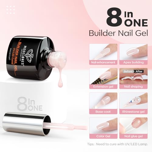 modelones Builder Nail Gel, 2 Pcs Clear and Cover Nude Builder Nail Polish, 8-in-One Apex Building Thickening Strengthener Extension Rubber Color Base Gel for DIY Home Salon Gifts LED Lamp Cured 10ml