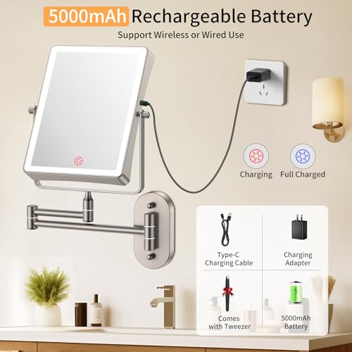 Wall Mounted Lighted Makeup Mirror, 1X/20X Magnifying 5000mAh Rechargeable Make Up Mirror with 3 Color Lights, Touch Dimmable, 360 Rotation Wall Mount Mirror Swing Arm with Tweezer and Adapter