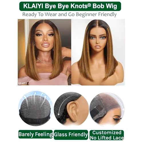 KLAIYI Bye Bye Knots Glueless Wig Ombre Brown with Blonde Bob Straight Precut 7x5Lace Front Human Hair Wig with Dark Roots Pre Plucked Bleached Blunt Cut Balayage Highlight Ready to Wear and Go 14Inch