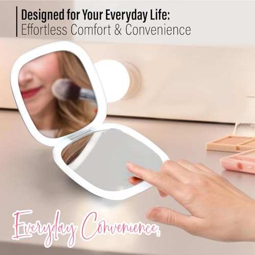 4" LED Compact Mirror ? 1x & 10x Magnification | Travel Makeup Mirror with Adjustable Lighting | Handheld & Pocket-Sized Portable Mirror with Protective Pouch (Pink)