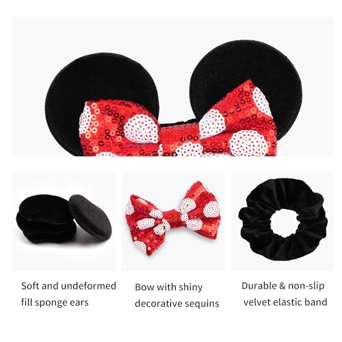 3 Pack Velvet Mouse Ears Scrunchies with Bow for Women Girls Elastic Hair Ties for Pony Tail Party Costume - Cute Hair Accessories